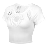 SALSPOR Sexy Hollow Out Sport T Shirt Women Seamless Breathable Crop Yoga Top Elastic Tight Fitness Gym Shirts Running Tank Tops